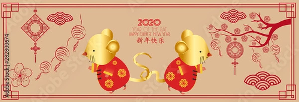 Obraz Chinese new year 2020 year of the rat , red and gold paper cut rat character, flower and asian elements with craft style on background. (Chinese translation Happy chinese new year)