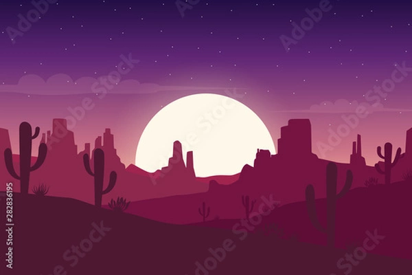 Fototapeta Desert landscape at night with cactus and hills silhouettes background - Vector illustration