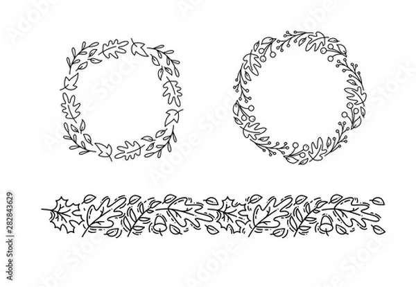 Fototapeta Set of vector monoline round autumn wreath and ornament with place for text. Bundle of bouquet frame with leaves, berries and isolated elements. Perfect for holidays, Thanksgiving Day