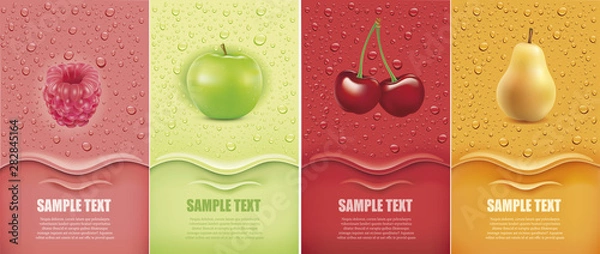 Obraz Drinks and juice background with drops and raspberry, apple, cherry, pear	