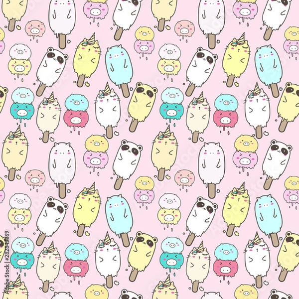 Fototapeta Cute animal ice cream seamless pattern background. Vector illustration for gift wrap design.