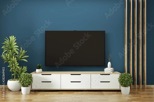Fototapeta cabinet mock up on room dark blue on floor wooden minimal design.3D rendering