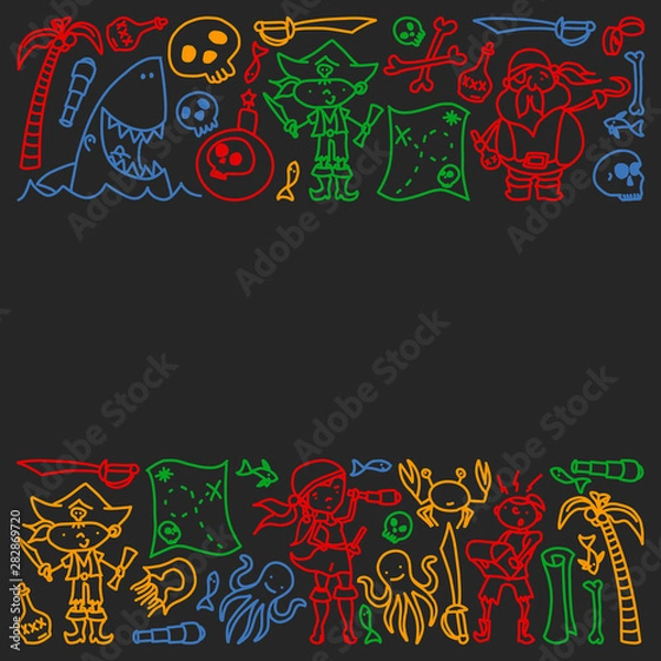 Fototapeta Vector set of pirates children's drawings icons in doodle style. Painted, black colorful, chalk pictures on a blackboard.