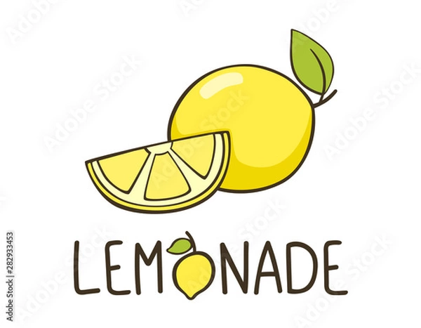 Fototapeta Lemonade logo with lemon and lemon slice. Lettering typography. Fresh drink logo. Hand lettering. Good for badge, print, banner. Vector.