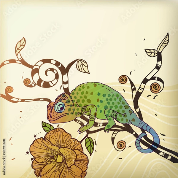 Fototapeta vector background with a chameleon and a desert flower