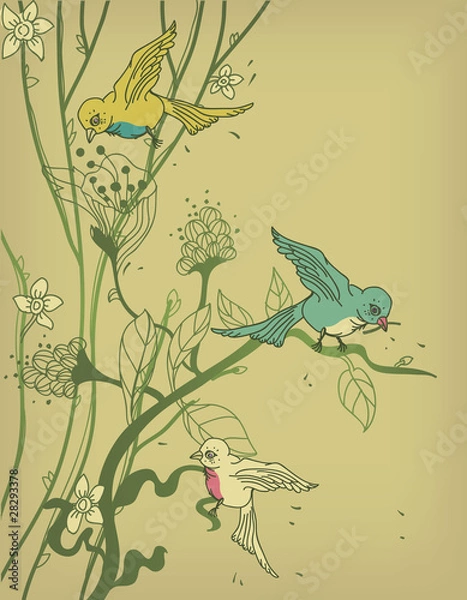 Fototapeta vector tree with colored birds and flowers