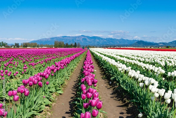 Fototapeta Bright pink and white tulip rows. 
