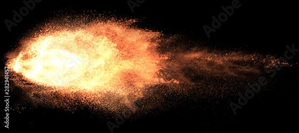 Fototapeta a shot from a firearm, an explosion of gunpowder on a black background, a bright flash with flying particles, abstract shape