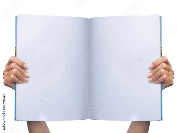Fototapeta gesture of womans hand holding white magazine