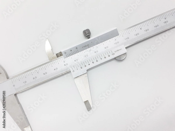 Fototapeta White Silver Metallic Calliper for Engineering Precision Scale Measurements in White Isolated Background