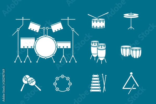 Fototapeta Percussion music instruments Icons set - Vector solid silhouettes of drum equipment, tambourine, cymbal, bongo, maracas, triangle and xylophone for the site or interface