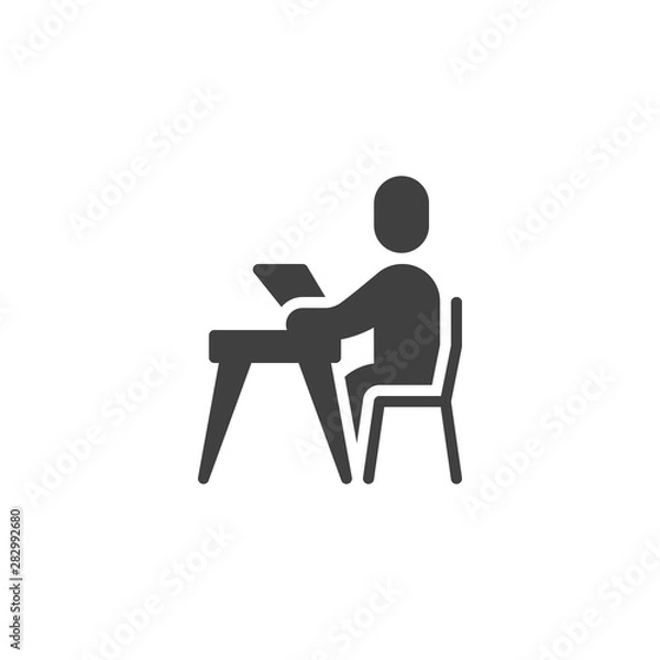 Fototapeta Student sitting at table with book vector icon. filled flat sign for mobile concept and web design. Reading at library glyph icon. Symbol, logo illustration. Vector graphics