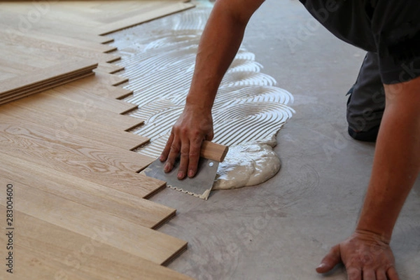 Fototapeta Worker laying parquet flooring. Worker installing wooden laminate flooring