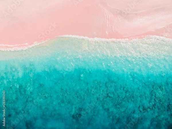 Obraz Tropikalna różowa plaża z błękitnym oceanem. Wyspy Komodo