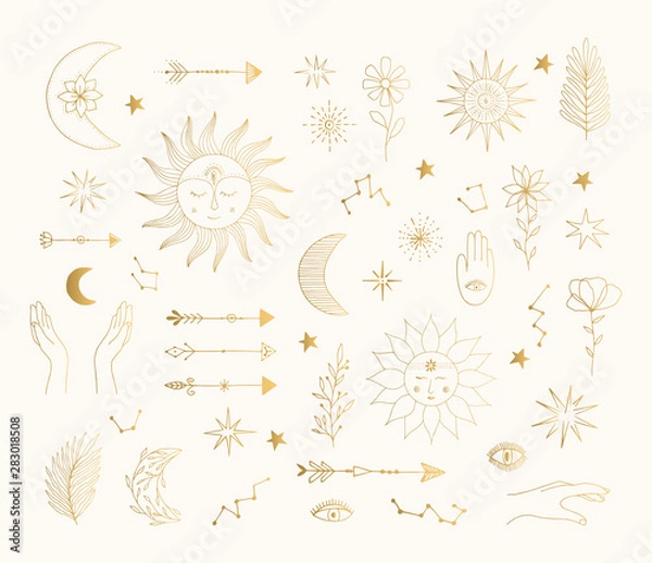 Fototapeta Ręcznie rysowane złote symbole mistyczne. Słońce, księżyc, projekt tatuażu gwiazdy. Ilustracja wektorowa złota folia na białym tle.