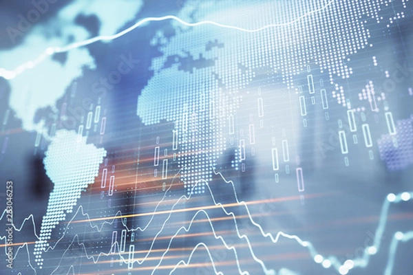 Fototapeta Stock and bond market graph and world map with trading desk bank office interior on background. Multi exposure. Concept of international finance