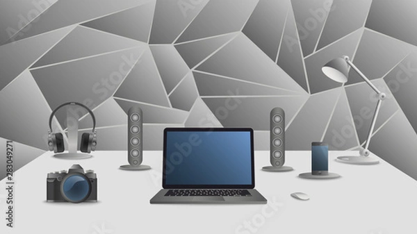 Fototapeta Working desk with realistic personal computer, photo camera, speakers, headphones, mobila phone. Vector illustration