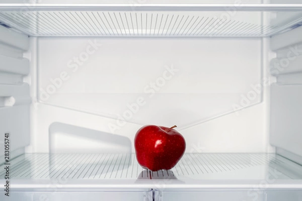Fototapeta One red Apple on the shelf of an empty fridge. Weight loss, diet and hunger concept