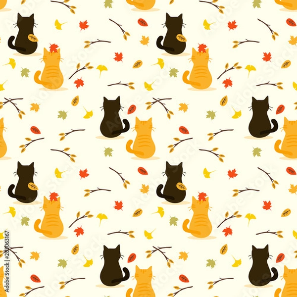 Obraz Cute cat in autumn seamless pattern vector.