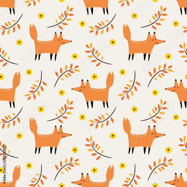 Fototapeta Cute fox on autumn leaves seamless pattern.