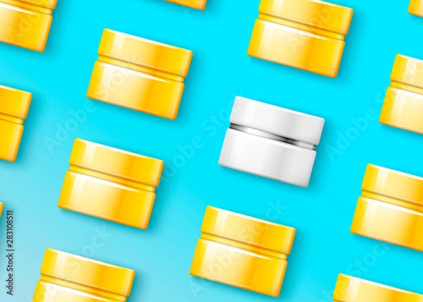 Fototapeta Vector 3d realistic vivid cosmetic jars on bright modern background. Mock-up for product package branding.