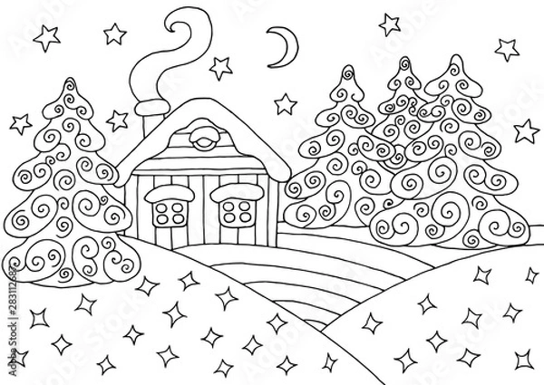 Fototapeta House in the winter forest - coloring page