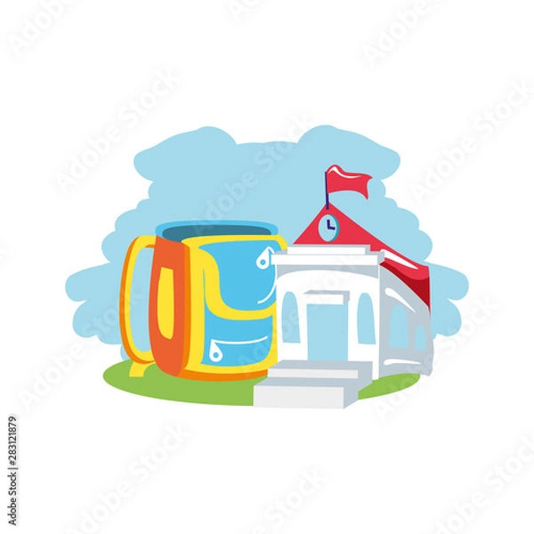 Fototapeta school building with school bag isolated icon