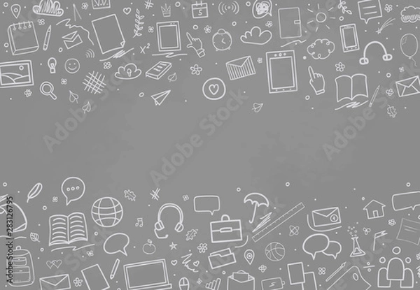 Fototapeta Back to school. Abstract blackboard. Sketchy background with hand drawn school supplies. Banner design. Education concept