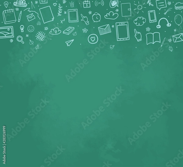 Fototapeta Back to school. Abstract blackboard. Sketchy background with hand drawn school supplies. Banner design. Education concept