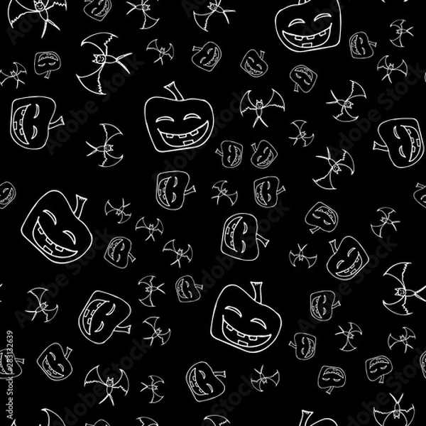 Fototapeta Bat and pumpkin seamless Halloween outline in the abstract style. Bats and pumpkins seamless pattern Halloween outline on black background. Holiday decoration. Line vector. Doodle wallpaper