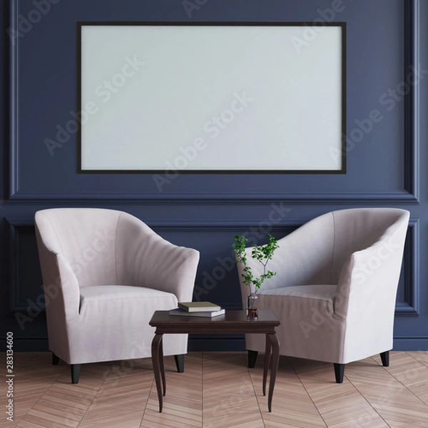 Fototapeta Mock up poster frame in Scandinavian style interior. 3D illustration, 3d render 