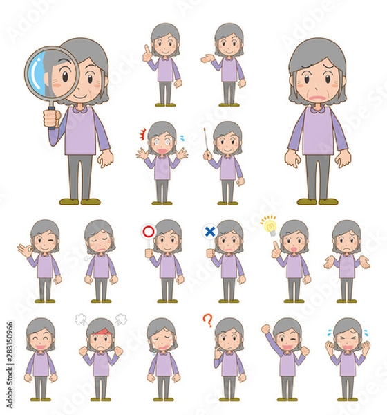 Fototapeta お年寄り　おばあさん　高齢者　ポーズ　表情　セット　主線あり