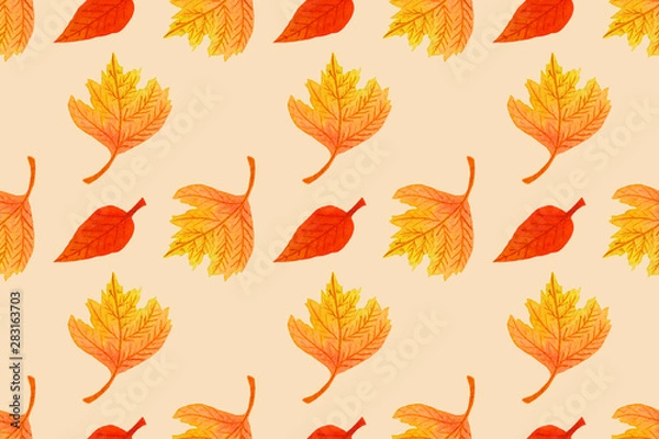 Fototapeta Autumn seamless pattern with colorful leaves. Fall backdrop of yellow, red and green foliage on warm orange background. Hand drawn watercolor illustration. Fabric and textile print template