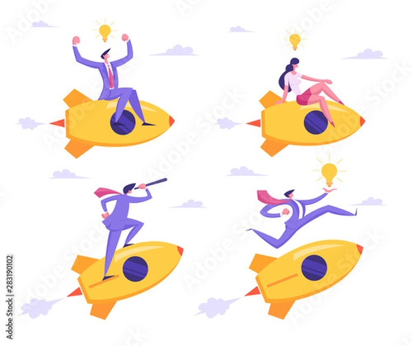 Fototapeta Creative Business Idea and Corporate Competition Set. Business Man and Woman Flying Forward with Rocket Engine, Racing to Financial Success. Office Worker Challenge. Cartoon Flat Vector Illustration