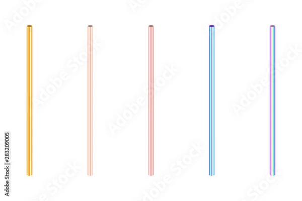 Fototapeta gold and colorful colored metallic stainless straight drinking straws as eco-friendly replacement to plastic and paper tubes for birthday, party or events, stock vector illustration 3d objects