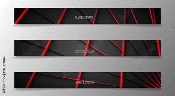 Fototapeta Banner collection, vector background with glowing neon red stripes in a dark room.