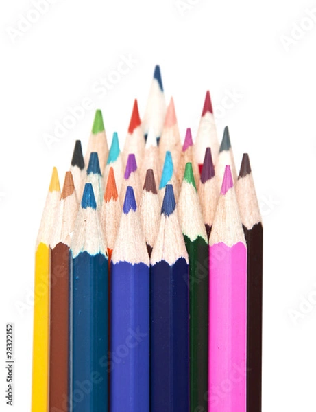 Fototapeta closeup stack of colored pencils isolated on white background
