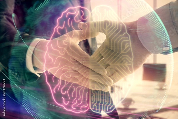 Fototapeta Double exposure of brain drawing on office background with two men handshake. Concept of innovation