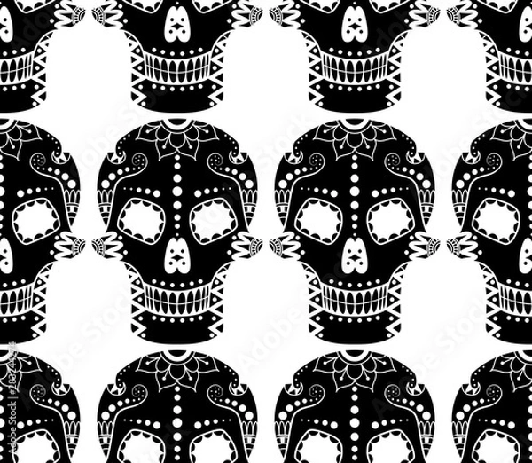 Fototapeta Vector seamless pattern of black sugar skull with floral ethnic ornament on white background
