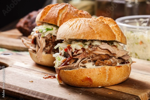 Fototapeta Homemade pulled pork burger with coleslaw salad