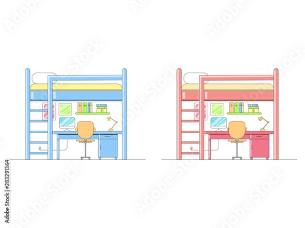 Fototapeta flat illustration , a study or working corner under the bed . Save space in small bedroom