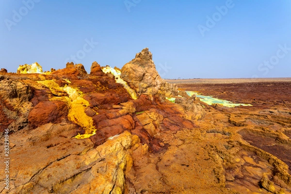 Obraz Beautiful small sulfur lakes Dallol, Ethiopia. Danakil Depression is the hottest place on Earth in terms of year-round average temperatures. It is also one of the lowest places on the planet