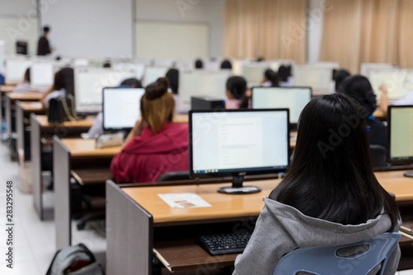 Fototapeta Blur and selective focus of the university student using computer studying in computer room. Group of students in study in computers room. Serious students working on computer at university.