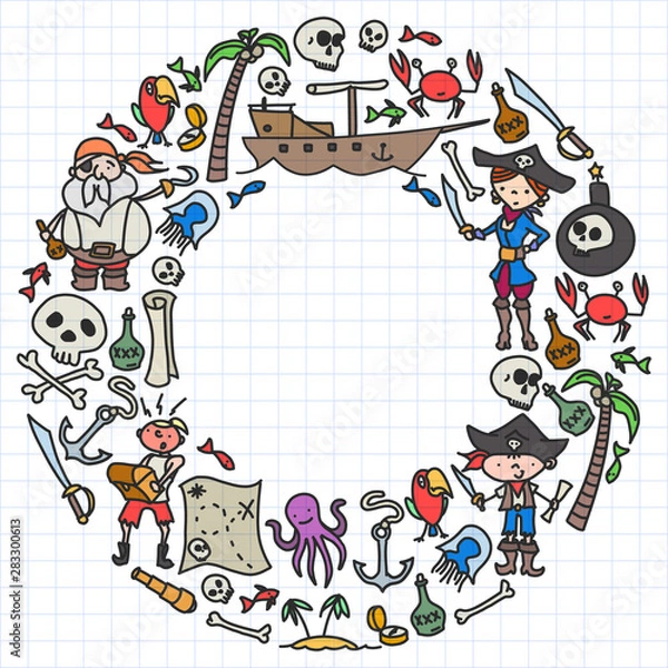 Fototapeta Vector set of pirates children's drawings icons in doodle style. Painted, colorful, pictures on a piece of paper on white background.