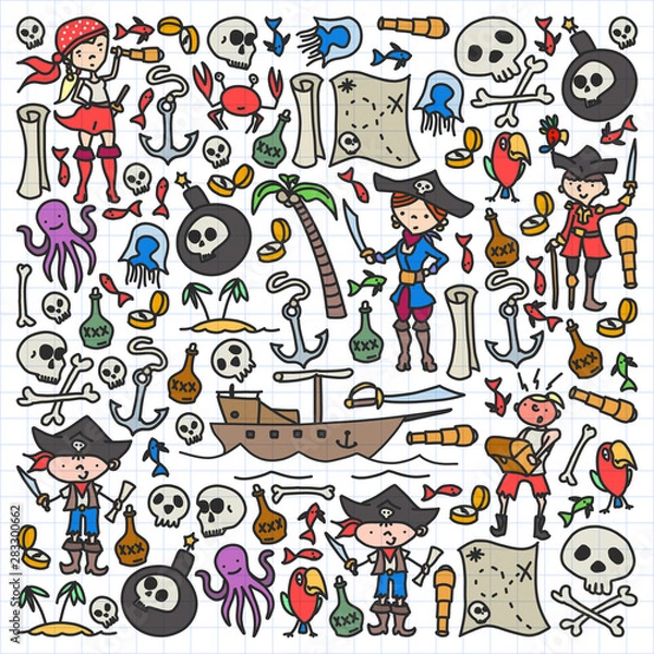 Fototapeta Vector set of pirates children's drawings icons in doodle style. Painted, colorful, pictures on a piece of paper on white background.