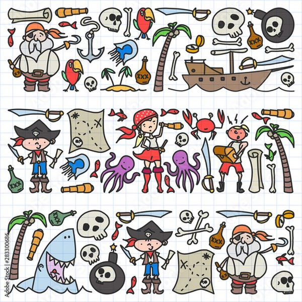 Fototapeta Vector set of pirates children's drawings icons in doodle style. Painted, colorful, pictures on a piece of paper on white background.