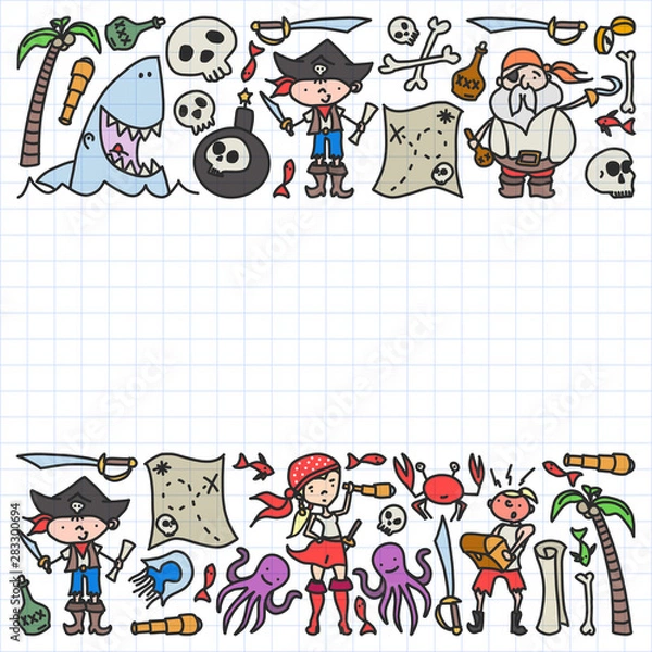 Fototapeta Vector set of pirates children's drawings icons in doodle style. Painted, colorful, pictures on a piece of paper on white background.