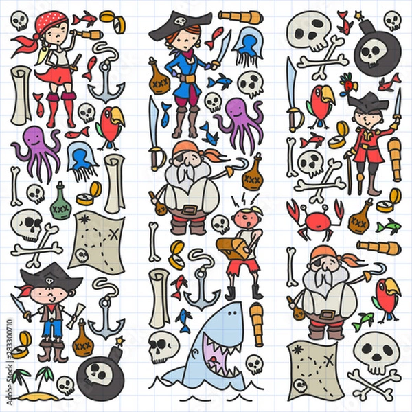 Fototapeta Vector set of pirates children's drawings icons in doodle style. Painted, colorful, pictures on a piece of paper on white background.