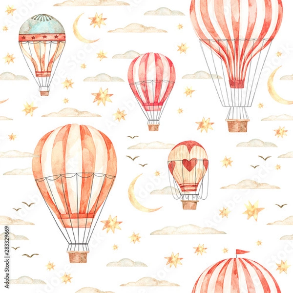 Fototapeta Watercolor seamless pattern. Air balloons, moon, clouds and stars. Ideas for a children's room. Baby shower party elements. Perfect for invitation, print, postcard, fabric, wrapping paper, wallpaper.