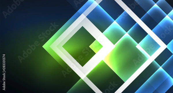 Fototapeta Neon glowing techno square rectangle lines, blue hi-tech futuristic abstract background